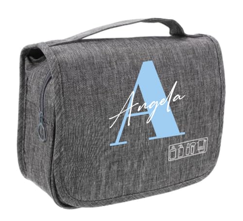 Image of Getagift Personalised Hanging Toiletry Bag – Custom Initial & Name Wash Bag – Waterproof Travel Organiser Pouch for Men & Women – Portable Cosmetic Bag with Hook – Grey, Unisex