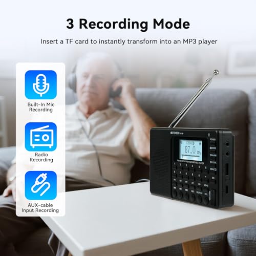 Retekess V115P Portable Shortwave Radio,Rechargeable AM FM SW WB Radio,Wireless Connection,1800mAh Battery,Digital Tuner,TF/AUX,Recording,Flashlight,Sleep Timer,Alarm Clock,for Emergency,Camping