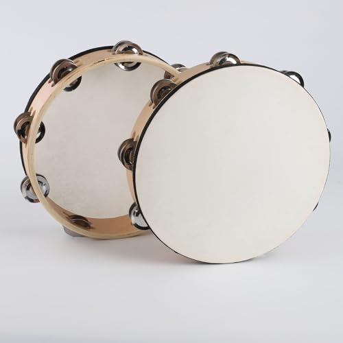 LIEKE Goatskin Tambourine 10 Inch Beechwood Hand Held Drum for Adult with 8 Pairs Metal Jingles for Music Classroom Dance Party Church Game Props