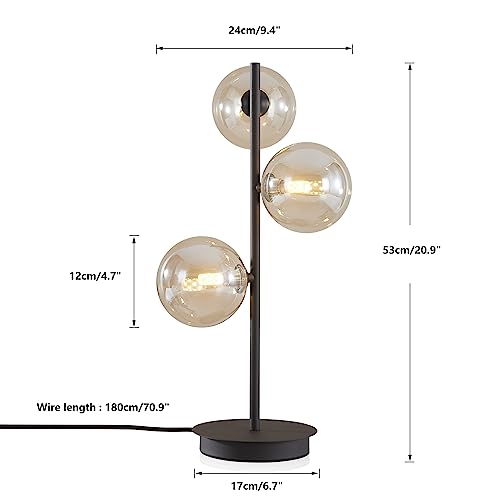 Image of Modern Globe Table Lamp, Mid Century 3 Lights Black Bedside Lamp, Brown Glass Globe Reading Lamp for Bedroom Living Room Study Room