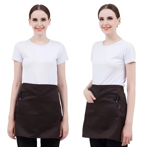 2 Stück Köche Schürze, Vorbinder Schürze mit 2 Taschen, Kurz Koche Schürzen, Kellnerschürze Grillschürze Baristaschürze für Herren Damen, Halbe Schürzen für Küche Kochen Backen, 58×43cm (Dunkelbraun)