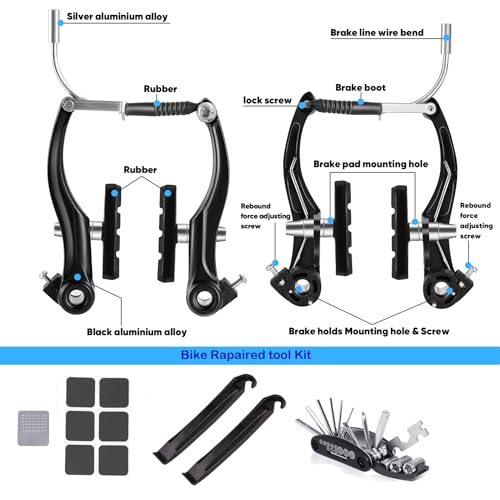 Hmseng 2 Pairs Bike Brakes, Universal Complete V Bike Brakes Set, Mountain Bike Replacement for Most Bicycle,Road Bike Brakes Cables with Front Back Wheels and Bike Brake Levers-Dark Black