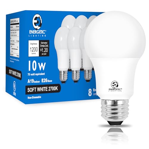 E ENERGETIC LIGHTING A19 75 Watt Equivalent LED Light Bulbs Soft White, 2700K 1200LM Super Bright, Non-Dimmable 10W A19 LED Bulb, E26 Standard Base, UL Listed, 8 Packs
