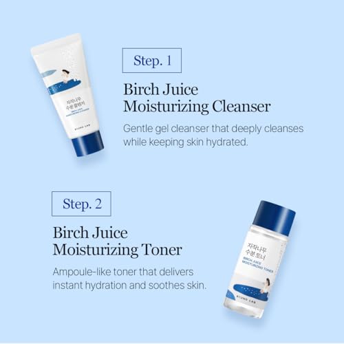 ROUND LAB Birch Juice Moisturizing Mini Kit, 4-Step Travel Size Skincare Set (Cleanser, Toner, Serum, Cream), Daily Skin Care Routine Trial Kit for Acne-Prone and Sensitive Skin, Korean Skin Care