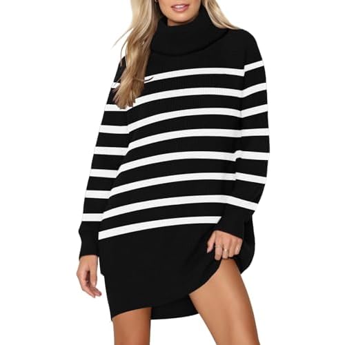 Pink Queen Women's 2024 Fall Oversized Sweater Dresses Turtleneck Long Sleeve Ribbed Pullover Knit Stripe Mini Dress Small Black Stripe