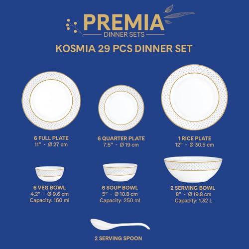 Image of Larah by Borosil 29pc Opalware Kosmia Dinner Set for Family of 6 | Microwave & Dishwasher Safe Crockery Set for Dining & Gifting | Plates & Bowls