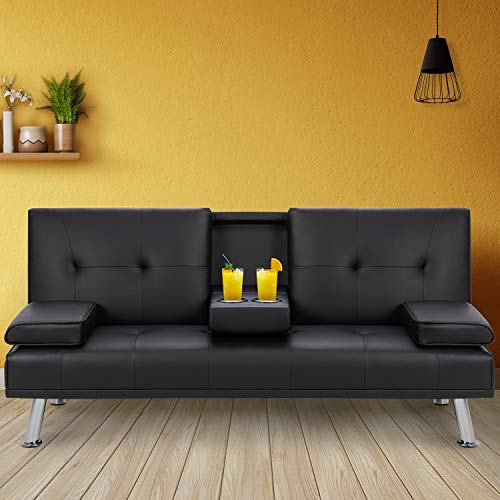 Walsunny Modern Faux Leather Couch, Convertible Futon Sofa Bed for Living Room