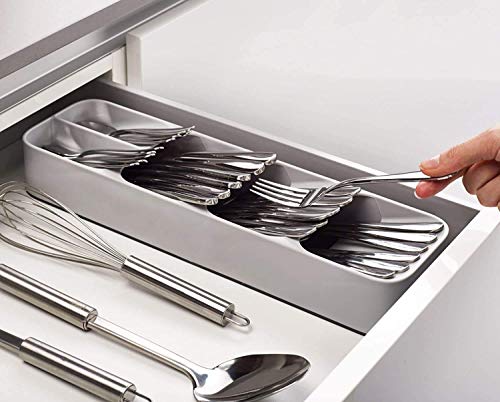 Image of E-COSMOS Compact Cutlery Organizer Tray - Plastic Kitchen Drawer Divider for Knives, Forks, and Spoons - Space-Saving Silverware Storage Holder & Dish Rack (Grey)