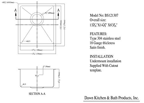 Dawn Bs121307 Undermount Single Bowl Bar Sink, Polished Satin #TOP3