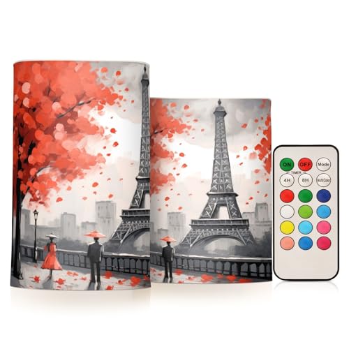 Kigai Eiffel Tower in Fall Flameless Candles with Remote Control and Timer,Battery Operated LED Pillar Candles Adjustable Brightness for Ourdoor Indoor Use,Home Decor,2 Pack