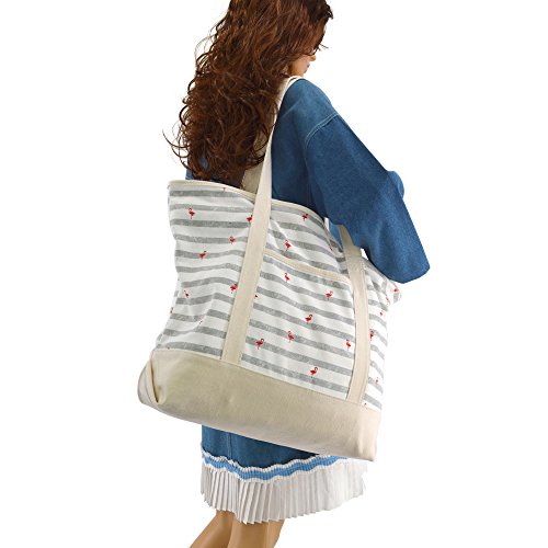 Dalix 22" Shopping Tote Bag In Heavy Cotton Canvas (Zippered Top) Gray Flamingo #TOP7