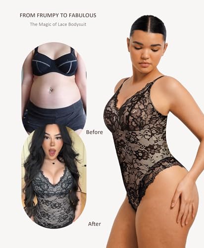 FeelinGirl Shapewear Bodysuits for Women Lace Shapewear Tummy Control V-Neck Sleeveless Bodysuit Tops Jumpsuit4