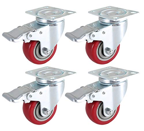 Image of DICASAL 3 Inch Swivel Casters with Brakes, Heavy Duty Plate Casters No-Marking Quiet Red PU Castor Load Upto 1200 Lbs Pack of 4.