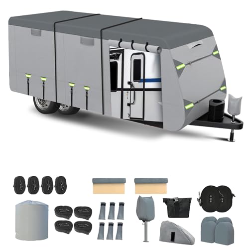 JZAHYUK Windproof RV Cover for 20-22 Travel Trailer Upgraded 8 Layers Top UV Resistant Waterproof Camper Cover with 4 Tire Covers & Tongue Jack Cover Extra Windproof Ropes