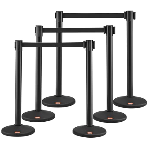 VEVOR Crowd Control Stanchions, 6-Pack Solid Base Crowd Control Barriers with 3PCS 6.5FT Black Retractable Belts, Black Stanchion Queue Post, Belt Barriers Line Divider Stanchion Set