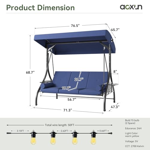 Image of Aoxun Outdoor Porch Swing with Stand and Canopy, 3 Seats Outdoor Swings for Adults, Convertible 2 in 1 Swing Bed with Cup Holder, Patio Swings with String Lights for Garden, Yard & Balcony, Blue