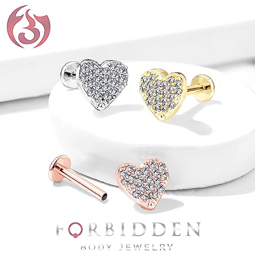 Forbidden Body Jewelry 16G 6Mm Internally Threaded Cartilage/Tragus/Labret/Monroe Stud W/Cz Heart Top, 14K Gold Plated #TOP3