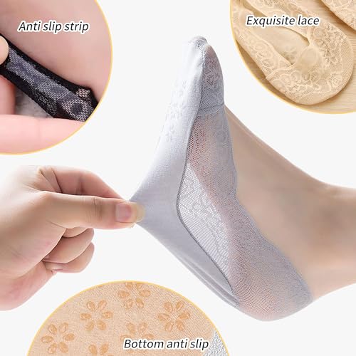 5 Pairs Low Cut Lace Socks - Ice Silk Thin No Show Non-Skid Boat Socks for Women & Girls3