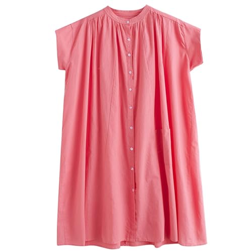 Robe chemise col montant plissé en coton lin avec coupe ample