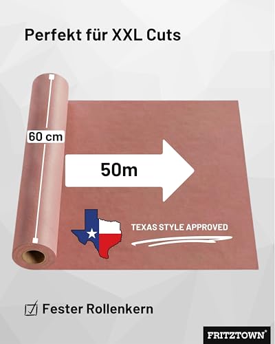 FRITZTOWN Butcher Paper Deluxe Pink 60 cm x 50 m – Metzgerpapier Rolle-Box – Lebensmittelsicher – BBQ Kraftpapier & Grillpapier für Smoken, Räuchern & Fleischverpackung