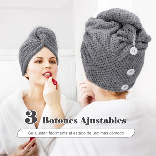 Miniatura 4 de Freatech 3 Piezas Toalla Microfibra Pelo, Toallas Para Secar El Pelo Sin Encrespamiento, Menos Secado Con Secador, Turbante Pelo Suave Y Absorbente Con 3 Botones Para Cabello Largo, Rizado Y Grueso