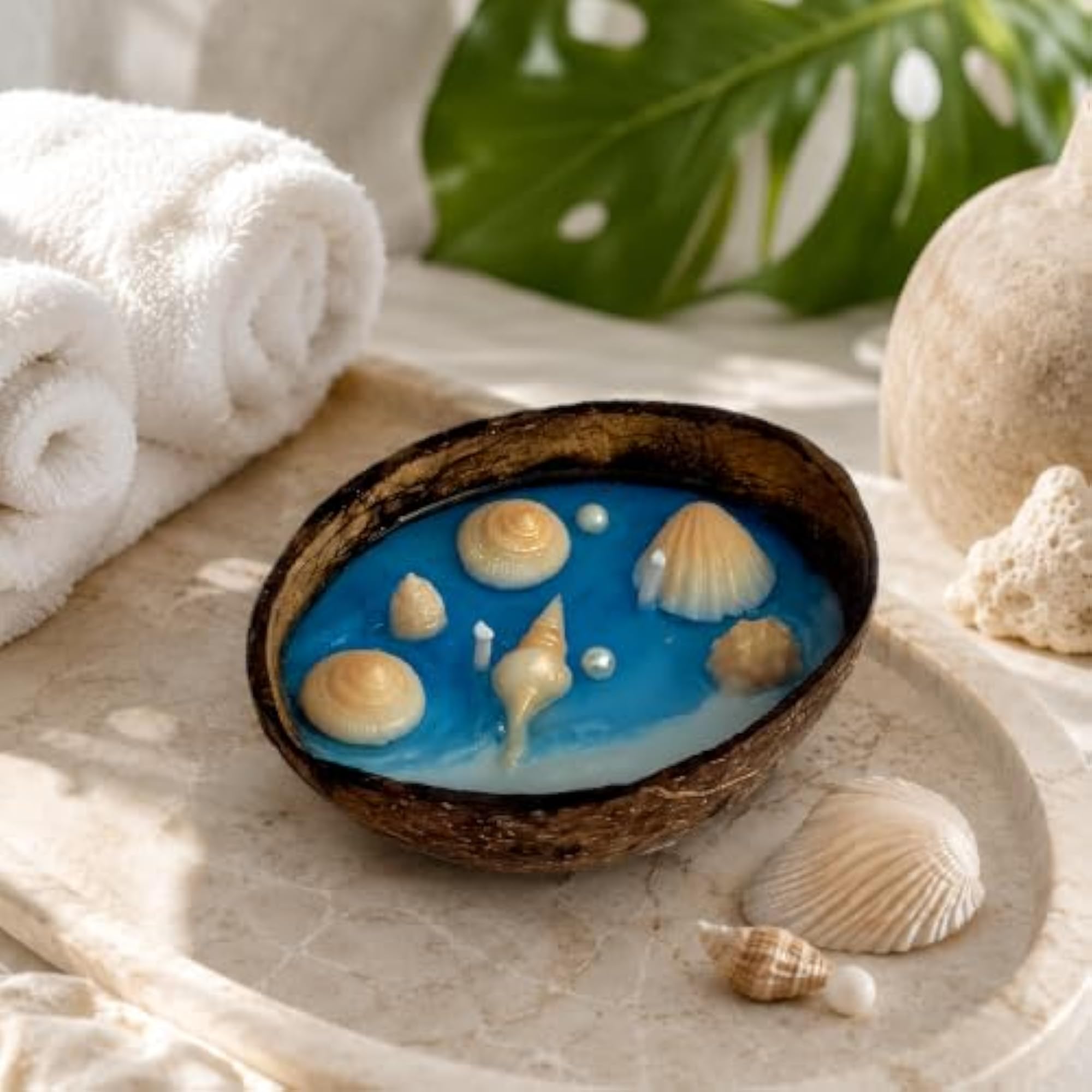Ocean Breeze Coconut Shell Candle with Seashell Wax Details