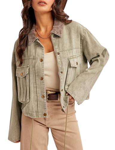 Esmeling Women Contrast Button Down Jacket Lapel Collar Long Sleeve Outwear Cropped Coat with Pocket