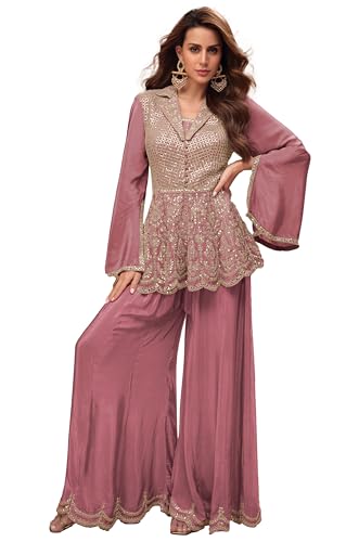 Image of Miss Ethnik Women's Purple Chinon Stitched Top With Stitched Bottom Embroidered Flared Kurta Palazzo Set (ME-1232-Purple)