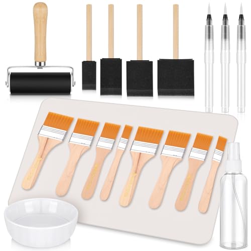 19 Pcs Decoupage Starter Kit, Include 8 Decoupage Brush, 4 Foam Brushes 3 Water Pen, 4 Inch Rubber Roller, Silicone Table Mat, Glue Container Bowl, Spray Bottle for DIY Arts and Crafts Projects