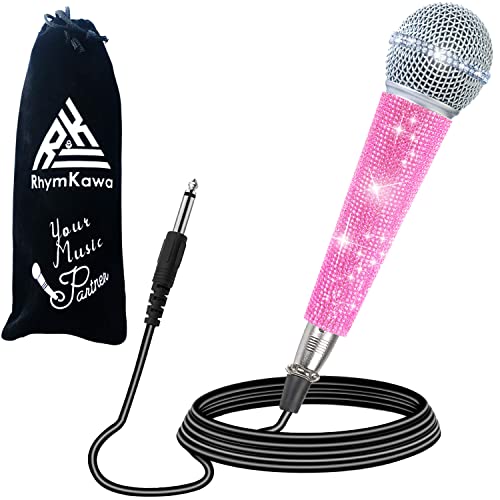 Rb58 Pink Wired Microphone With 3.5M Xlr Cable Connect Singing Machine Karaoke Dj Mixer Speaker System For Adult And Kids, Cardioid Dynamic Vocal Mic Bling Rhinestones Handle And Grille Band With Bag #TOP25