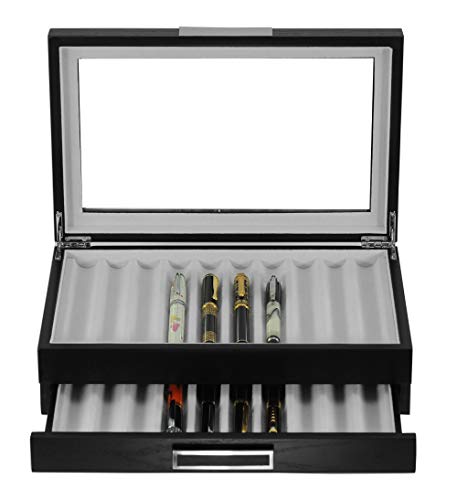 Timelybuys 20 Piece Black Ebony Personalized Wood Pen Display Case Storage And Fountain Pen Collector Engraved Organizer Box With Glass Window 2 Level Display Case With Drawer #TOP2
