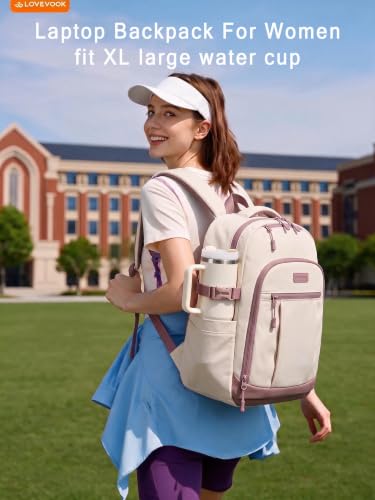 Image of LOVEVOOK Laptop Backpack for Women, Waterproof Work Travel Backpack with Large Cup Pockets for Teacher Nurse, 17.3 inch Computer Bag College Bookbag Daypack, Gifts for Women, Pink