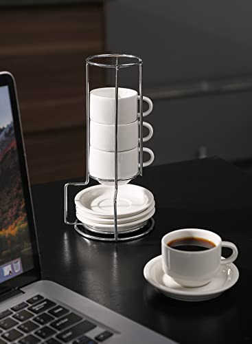 Sweese 2.5 Ounce Porcelain Stackable Espresso Cups With Saucers And Metal Stand Set Of 4, White - 404.401 #TOP5