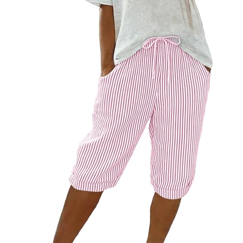 Pedal Pushers for Women 2026 Striped Linen Shorts Womens Colorful Holiday Cute Plain Light Weight Travel Beach Boho Shorts with Pockets Pinstripe Short Pants Stripe Capris for Women Pink