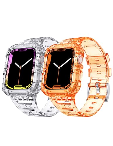 ABELTA 2 Pack Bands Compatible for Apple Watch 38mm 40mm 41mm 42mm 44mm 45mm with Bumper Case Cover, Clear Crystal Men Women Durable Sport Transparent Protective Bands for iWatch Series 7 6 5 4 3 2 1
