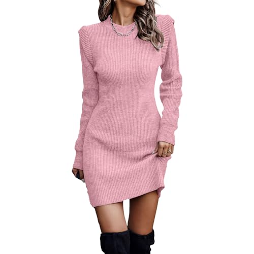 aromm Women Mini Sweater Dress Crew Neck Long Sleeve Stretchable Elasticity Sweater Bodycon Knit Dresses Pink 4XL