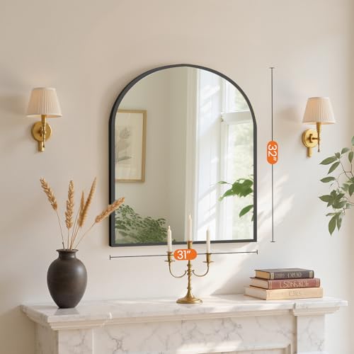 Image of Sweetcrispy 31 inchx32 inch Arched Black Bathroom Mirrors for Wall, Bathroom Mirrors for Over Sink, Metal Framed with HD Shatter-Proof Glass for Entryway, Living Room, Bedroom