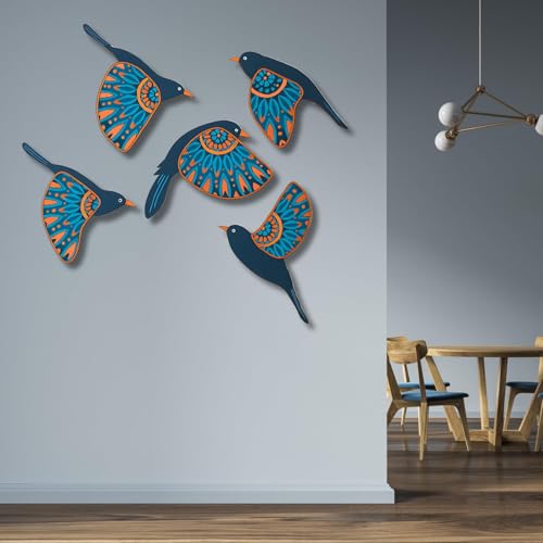 Image of DAKSHESTRY ARTWORKS Boho Birds Wall Decor | Set of 5 MDF Glossy Finish Wall Hangings Bird Decor | Modern Ethnic Design for Living Room, Bedroom & Office | Easy to Stick with Double-Sided Tape