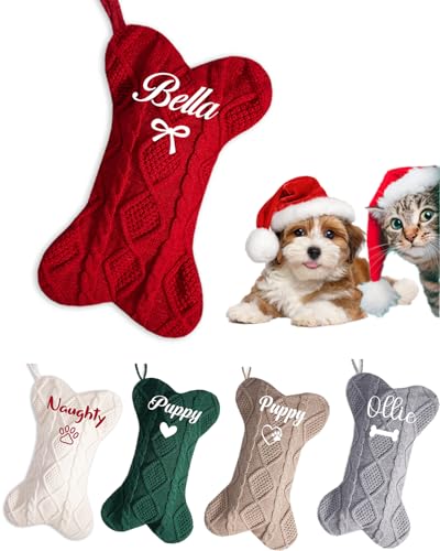 Personalized Dog Christmas Stockings with Embroidered Name, 17 Inches Cotton Hanging Bone Stockings for Both Cats & Dogs, Knitted Pet Stocks for Mantels, Christmas Tree Family Holiday Decor Gifts