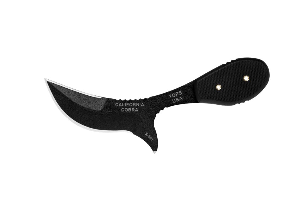 Tops Knives California Cobra Full Tang Fixed Blade- Black Traction Coating Blade Finish- Black Kydex Sheath w/Multi-Position Spring Steel Clip