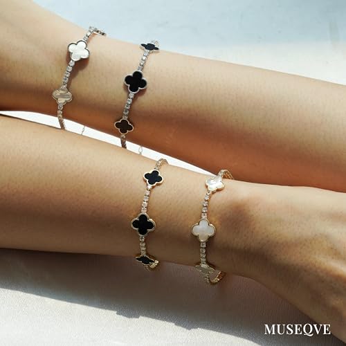 Four Leaf Clover Bracelet for Women 14K Gold Plated White Mother of Pearl Onyx Black Clover Charm Tennis Bracelet Adjustable Chain Lucky Jewelry Gifts [CVBR]4