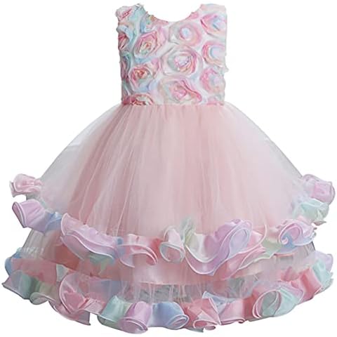 Girls Dress Girls Bridesmaid Dresses Pink Flower Girl Dresses 2-3 Years Totter Girls Summer 3D Colorful Rose Flower Party Christening Pageant Sleeveless Princess Dress Cover