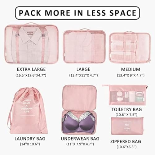Image of Sprqcart Polyester 7 Set Travel Organizer Bag 3 Packing Cubes + Pouches 1 Toiletry (Pink20 Cm, Cm)