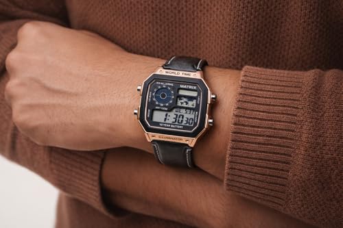 Image of Matrix Illuminator Leather Strap Digital Watch with Alarm, Stopwatch, World Time | for Men & Women