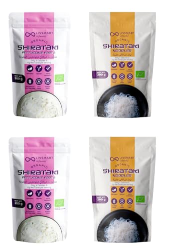 Livsmart Organic Shirataki (Konjac) COMBO - Keto Noodles 200g x 2 and Keto Fettuccine Pasta 200g x 2 (Combo Pack of 4)