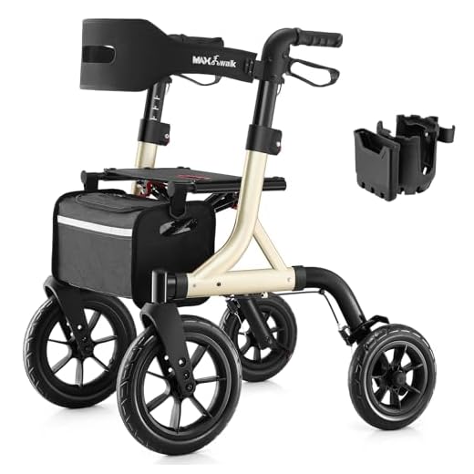 MAXWALK Rollator,Rollator lichtgewicht opvouwbare, buitenrollator met 30 cm grote rubberen niet-luchtbanden voor alle terreinen, geïntegreerde kabelrem, aluminium hoogteverstelbare (goud)
