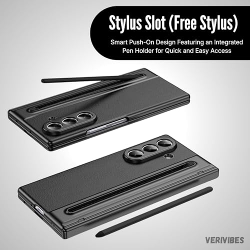 Image of Ultra Hybrid Luxury Leather Compatible with Samsung Galaxy Z Fold 5 (2025)| Built-in S Pen Holder| 360 Hinge Protection | Slim Shockproof Back Cover with Tempered Glass - Black