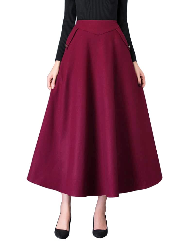 IDEALSANXUN Women’s Fall Winter High Waisted Wool Plaid A-line Long Skirt