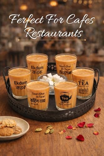 Image of Set of 6 Cutting Chai Glasses with Metal Stand Tray, Tea Glass Set of 6 with Stand and 1 Bowl, Tea Glass Holder Carrier (Wrought Iron), 120 Ml