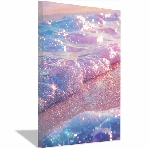 Poster sur toile Vague Scintillante Rose et Bleu 40x60cm encadré - Art moderne de chambre
